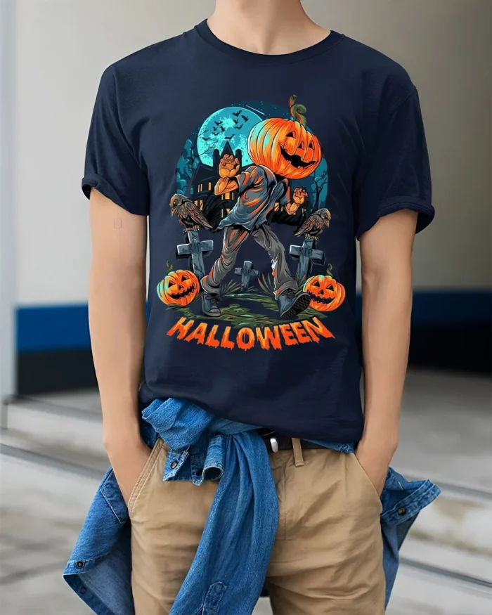 Halloween Pumpkin Head Graveyard Scary Graphic T-Shirt - model wearing navy shirt, hands in pockets