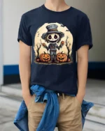 Halloween Scarecrow Pumpkin Creepy Spooky Graphic T-Shirt - model wearing navy shirt, hands in pockets