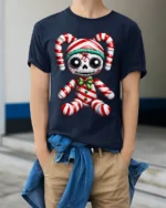 Candy Cane Skeleton Doll Creepy Holiday Graphic T-Shirt - model wearing navy shirt, hands in pockets