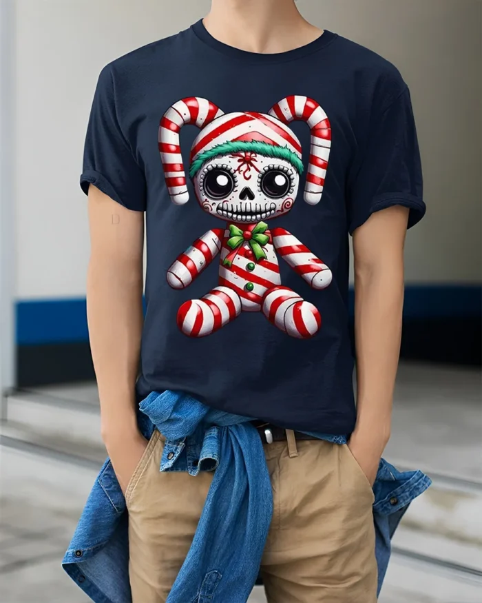 Candy Cane Skeleton Doll Creepy Holiday Graphic T-Shirt - model wearing navy shirt, hands in pockets