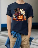 Halloween Steampunk Pumpkin Top Hat Graphic T-Shirt - model wearing navy shirt, hands in pockets