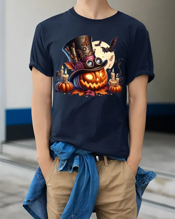 Halloween Steampunk Pumpkin Top Hat Graphic T-Shirt - model wearing navy shirt, hands in pockets