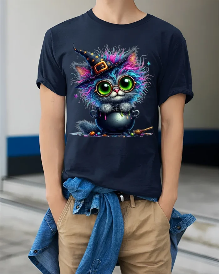 Halloween Colorful Witch Cat Cauldron Magic T-Shirt - model wearing navy shirt, hands in pockets