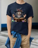 Halloween Wizard Magic Potion Spell Book T-Shirt - model wearing navy shirt, hands in pockets
