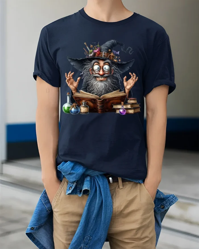 Halloween Wizard Magic Potion Spell Book T-Shirt - model wearing navy shirt, hands in pockets
