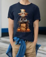 Halloween Scarecrow Pumpkin Haystack Graphic T-Shirt - model wearing navy shirt, hands in pockets