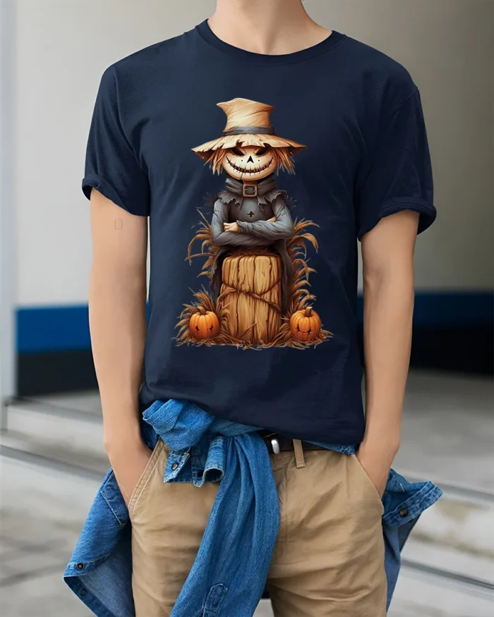 Halloween Scarecrow Pumpkin Haystack Graphic T-Shirt - model wearing navy shirt, hands in pockets