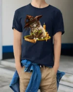 Halloween Witch Cat Candle Magic Graphic T-Shirt - model wearing navy shirt, hands in pockets