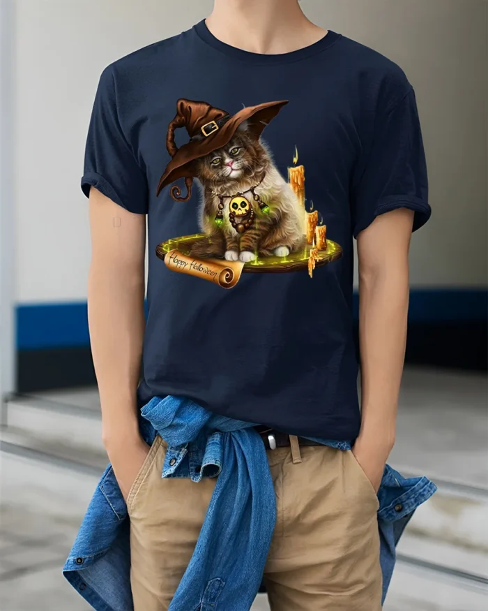 Halloween Witch Cat Candle Magic Graphic T-Shirt - model wearing navy shirt, hands in pockets
