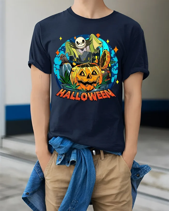 Halloween Pumpkin Head Skeleton Spooky Graphic T-Shirt - model wearing navy shirt, hands in pockets