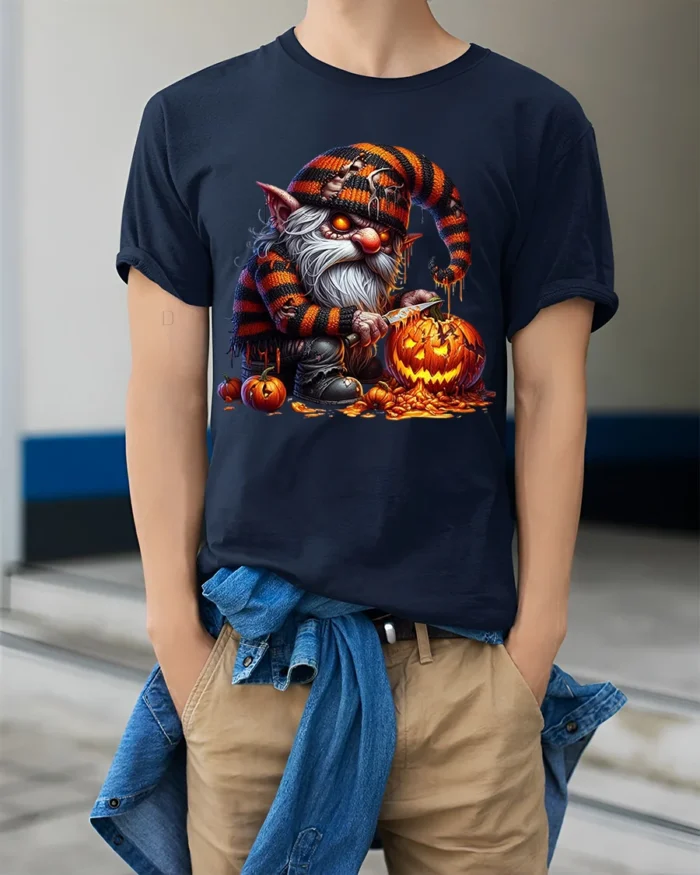 Halloween Gnome Pumpkin Carving Scary Graphic T-Shirt - model wearing navy shirt, hands in pockets