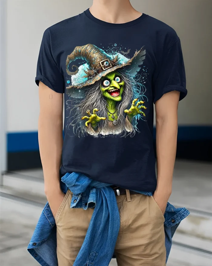 Halloween Scary Green Witch Creepy Graphic T-Shirt - model wearing navy shirt, hands in pockets
