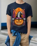 Halloween Pumpkin Witch Hat Creepy Graphic T-Shirt - model wearing navy shirt, hands in pockets