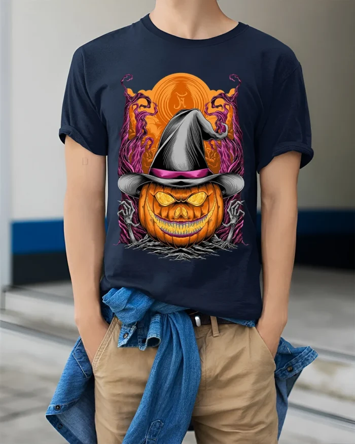 Halloween Pumpkin Witch Hat Creepy Graphic T-Shirt - model wearing navy shirt, hands in pockets