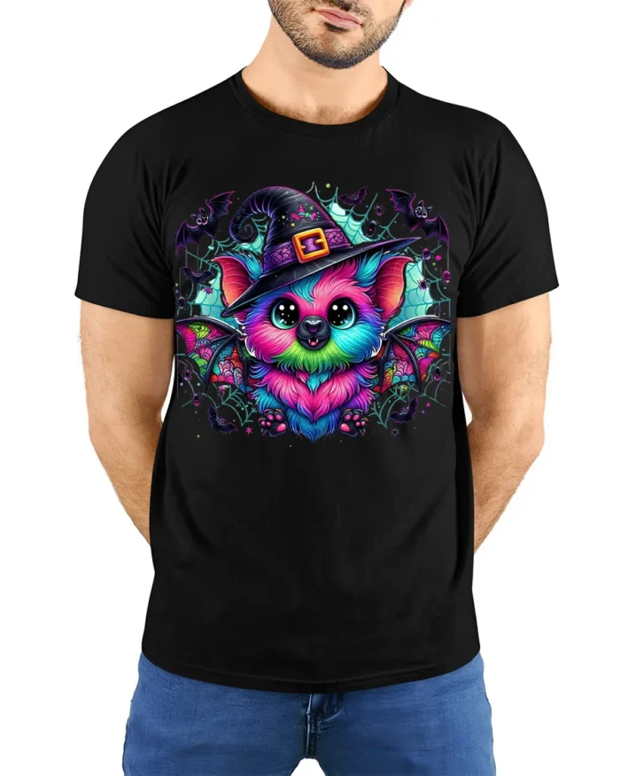 Cute Neon Bat Halloween Witch Hat Graphic T-Shirt - model wearing black shirt, hands behind back