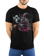 Halloween Skeleton Witch Ghost Flying Graphic T-Shirt - model wearing black shirt, hands behind back