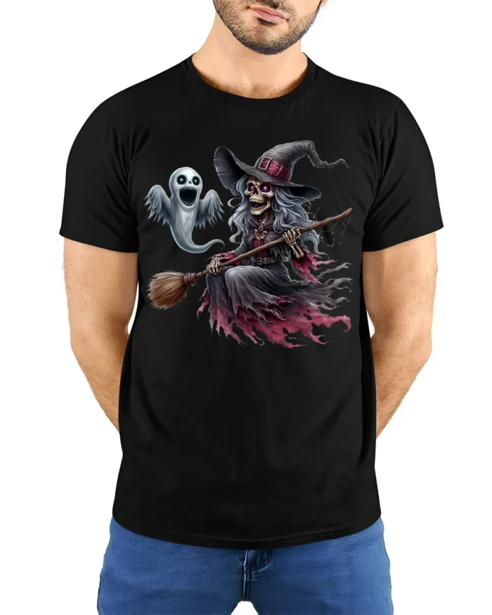 Halloween Skeleton Witch Ghost Flying Graphic T-Shirt - model wearing black shirt, hands behind back
