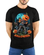 Halloween Pumpkin Head Graveyard Scary Graphic T-Shirt - model wearing black shirt, hands behind back