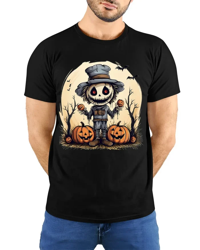 Halloween Scarecrow Pumpkin Creepy Spooky Graphic T-Shirt - model wearing black shirt, hands behind back