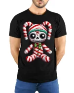 Candy Cane Skeleton Doll Creepy Holiday Graphic T-Shirt - model wearing black shirt, hands behind back
