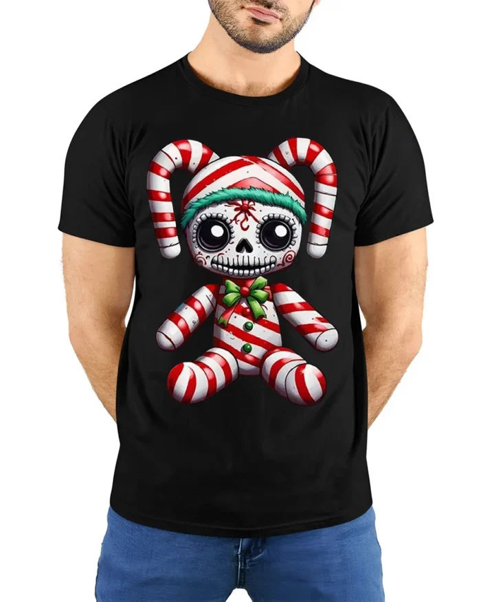 Candy Cane Skeleton Doll Creepy Holiday Graphic T-Shirt - model wearing black shirt, hands behind back
