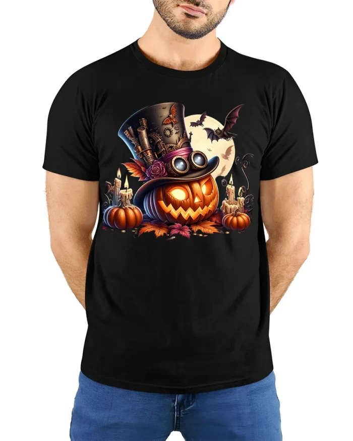 Halloween Steampunk Pumpkin Top Hat Graphic T-Shirt - model wearing black shirt, hands behind back