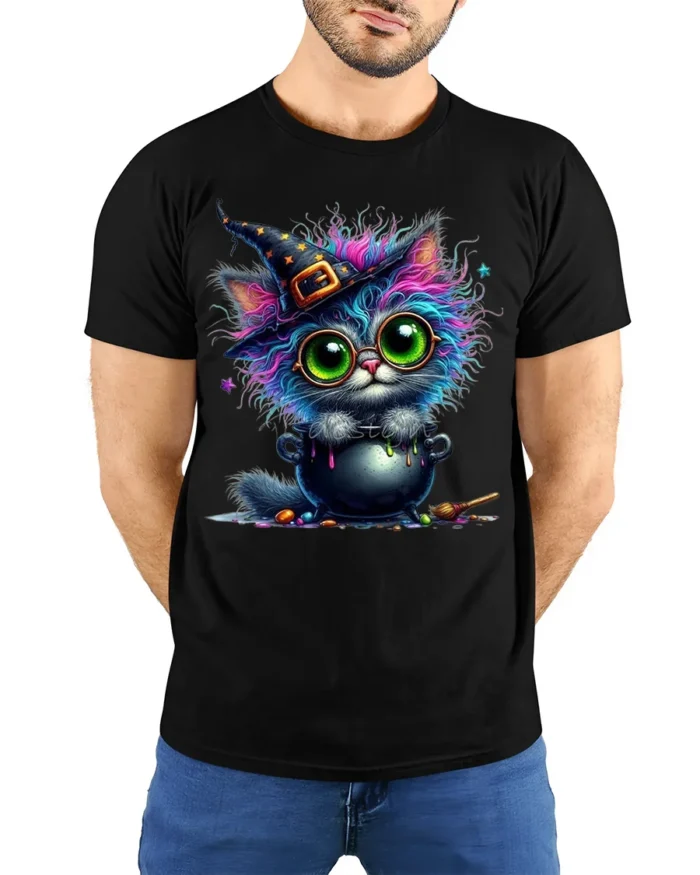 Halloween Colorful Witch Cat Cauldron Magic T-Shirt - model wearing black shirt, hands behind back