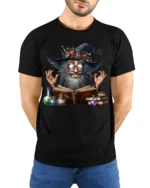 Halloween Wizard Magic Potion Spell Book T-Shirt - model wearing black shirt, hands behind back