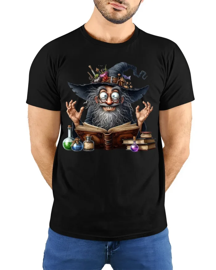 Halloween Wizard Magic Potion Spell Book T-Shirt - model wearing black shirt, hands behind back