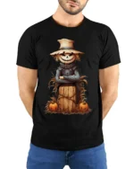 Halloween Scarecrow Pumpkin Haystack Graphic T-Shirt - model wearing black shirt, hands behind back