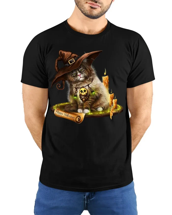 Halloween Witch Cat Candle Magic Graphic T-Shirt - model wearing black shirt, hands behind back