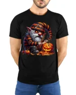 Halloween Gnome Pumpkin Carving Scary Graphic T-Shirt - model wearing black shirt, hands behind back