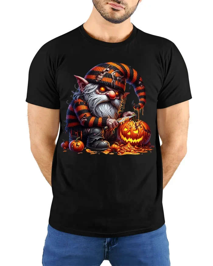Halloween Gnome Pumpkin Carving Scary Graphic T-Shirt - model wearing black shirt, hands behind back
