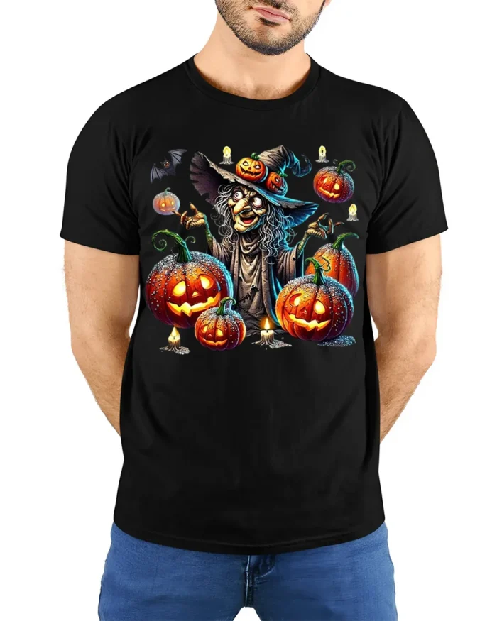 Halloween Witch Pumpkin Lantern Scary Graphic T-Shirt - model wearing black shirt, hands behind back