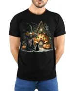 Halloween Witch Pumpkin House Black Cat Graphic T-Shirt - model wearing black shirt, hands behind back