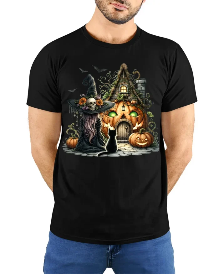 Halloween Witch Pumpkin House Black Cat Graphic T-Shirt - model wearing black shirt, hands behind back