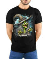 Halloween Scary Green Witch Creepy Graphic T-Shirt - model wearing black shirt, hands behind back