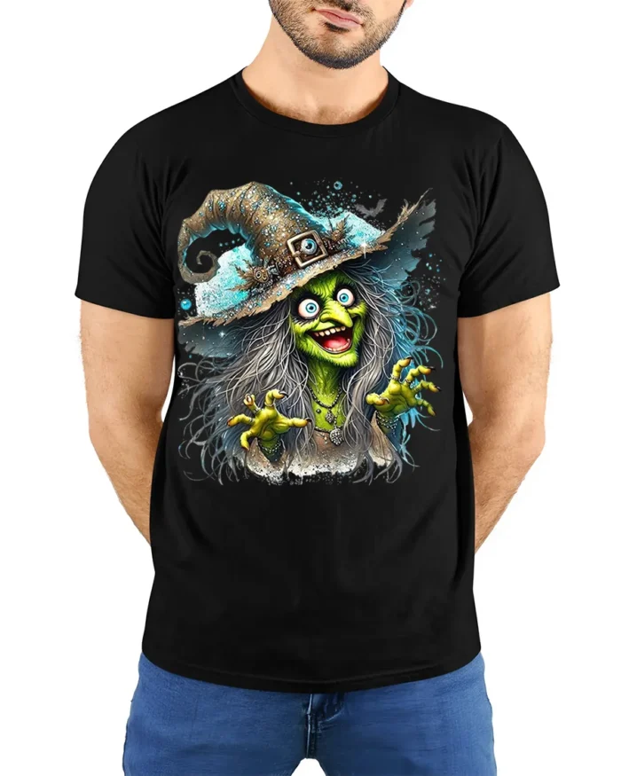 Halloween Scary Green Witch Creepy Graphic T-Shirt - model wearing black shirt, hands behind back