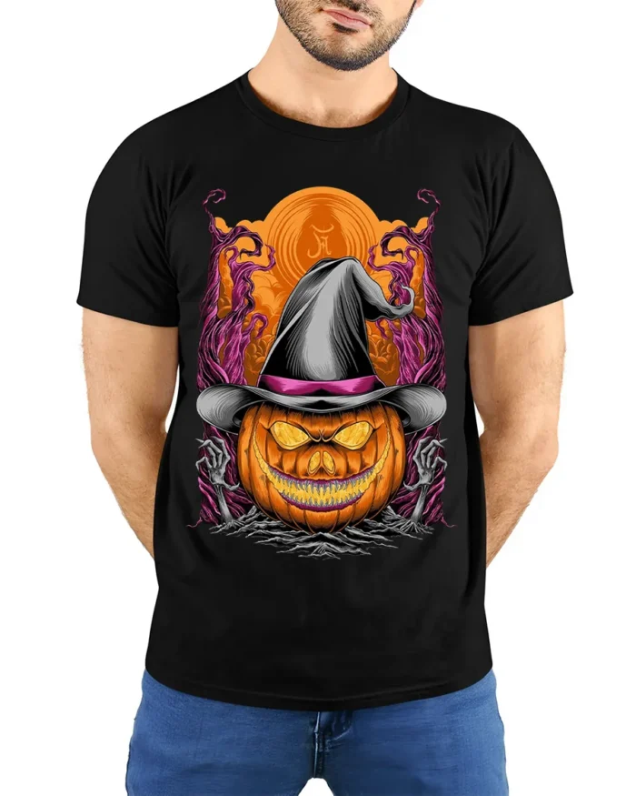 Halloween Pumpkin Witch Hat Creepy Graphic T-Shirt - model wearing black shirt, hands behind back