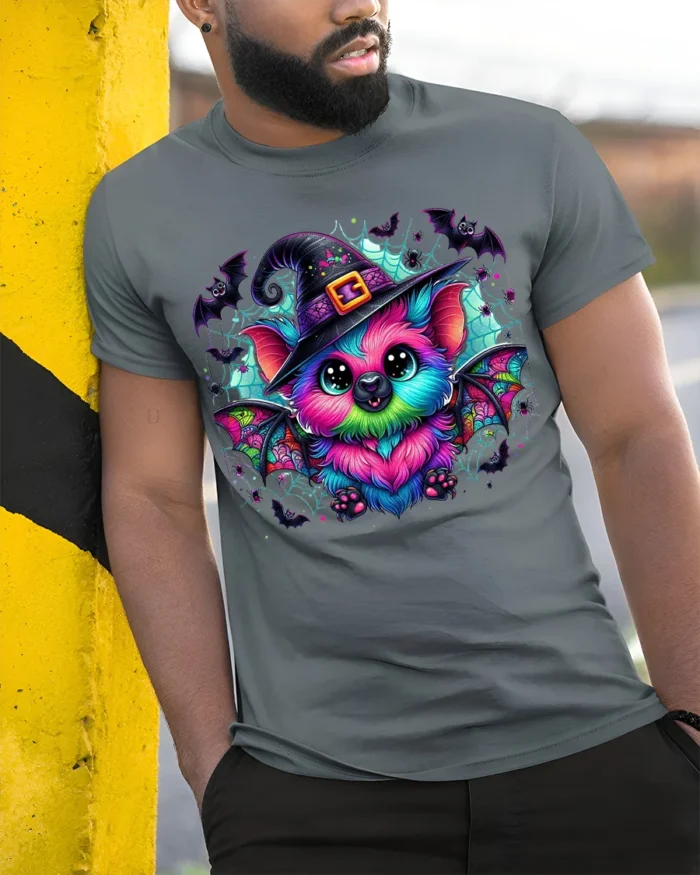 Cute Neon Bat Halloween Witch Hat Graphic T-Shirt - model in grey shirt leaning against column