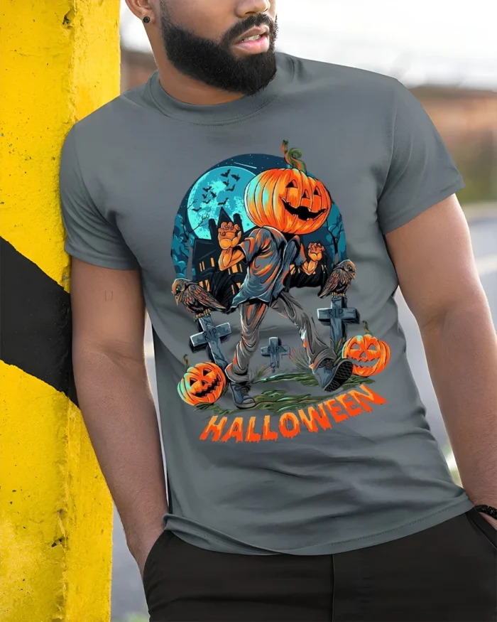 Halloween Pumpkin Head Graveyard Scary Graphic T-Shirt - model in grey shirt leaning against column