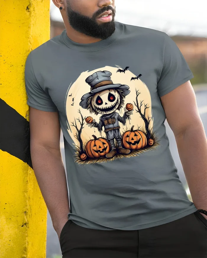 Halloween Scarecrow Pumpkin Creepy Spooky Graphic T-Shirt - model in grey shirt leaning against column