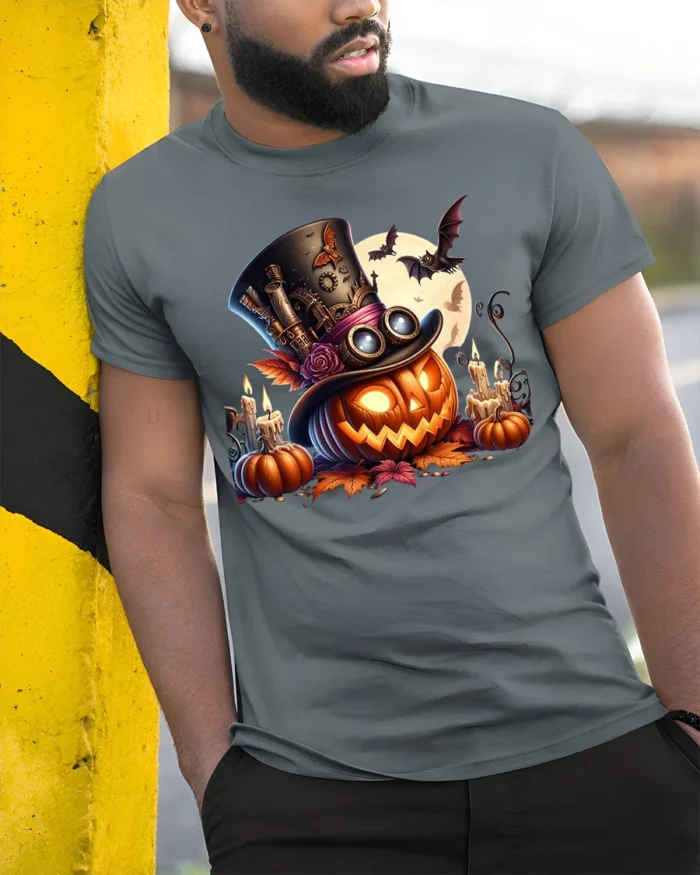 Halloween Steampunk Pumpkin Top Hat Graphic T-Shirt - model in grey shirt leaning against column
