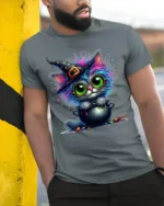 Halloween Colorful Witch Cat Cauldron Magic T-Shirt - model in grey shirt leaning against column