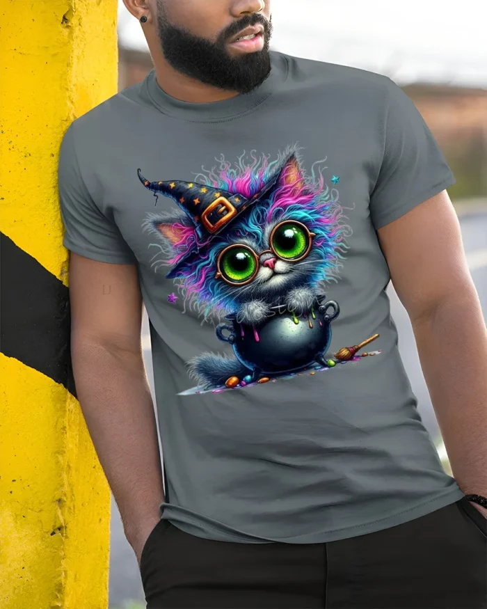 Halloween Colorful Witch Cat Cauldron Magic T-Shirt - model in grey shirt leaning against column
