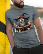 Halloween Wizard Magic Potion Spell Book T-Shirt - model in grey shirt leaning against column