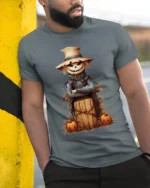 Halloween Scarecrow Pumpkin Haystack Graphic T-Shirt - model in grey shirt leaning against column