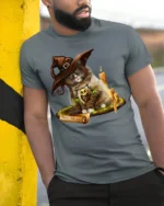 Halloween Witch Cat Candle Magic Graphic T-Shirt - model in grey shirt leaning against column