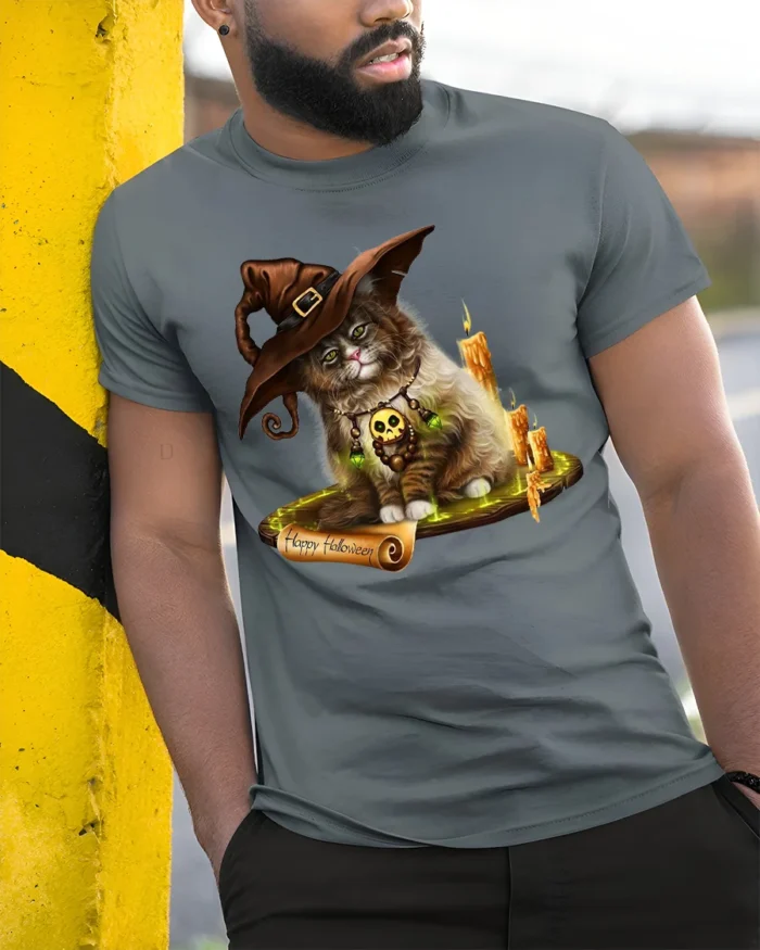Halloween Witch Cat Candle Magic Graphic T-Shirt - model in grey shirt leaning against column