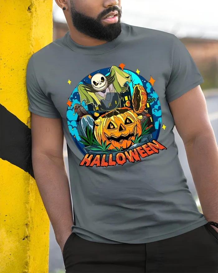 Halloween Pumpkin Head Skeleton Spooky Graphic T-Shirt - model in grey shirt leaning against column